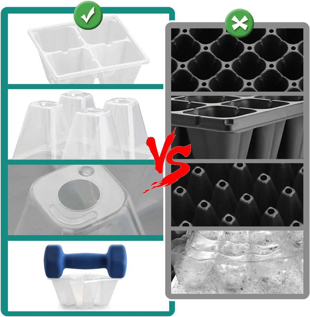 RooTrimmer 40 Pack Reusable 4-Cell Seed Starter Trays with Large Drainage Holes - Clear Transparent Trays for Root