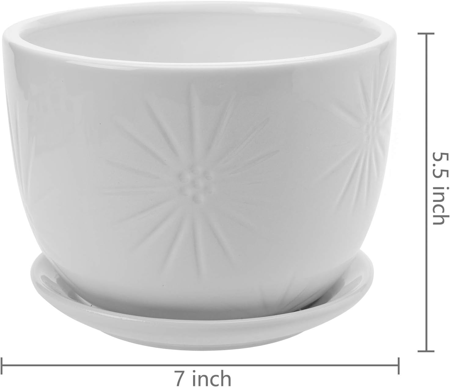 MyGift 7 Inch Round White Ceramic Plant Pot with Drainage Hole and Attached Saucer, Modern Decorative Embossed Sunburst
