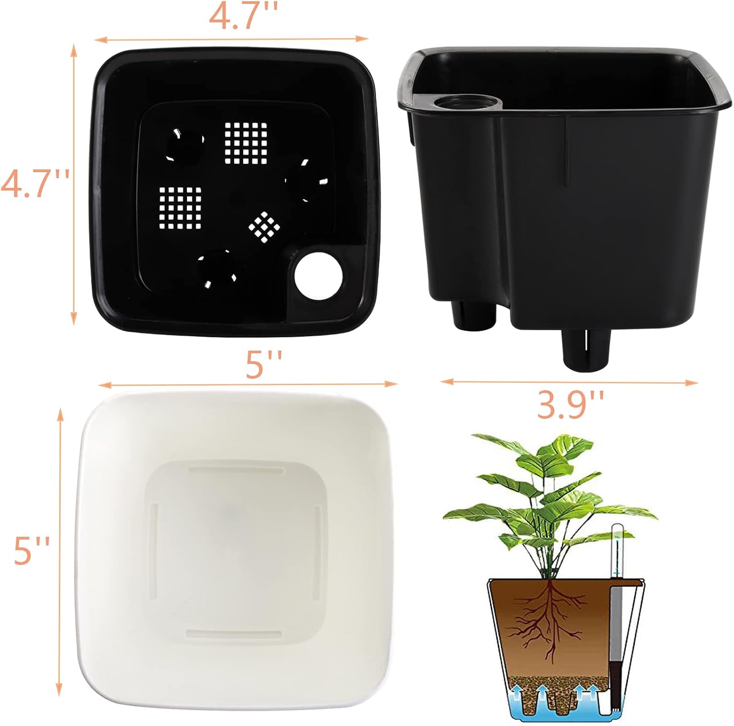 6 Pack Self Watering Planter with Water Level Indicator, 5 Inch Plastic Plant Flower Pots Nested Container for Indoor