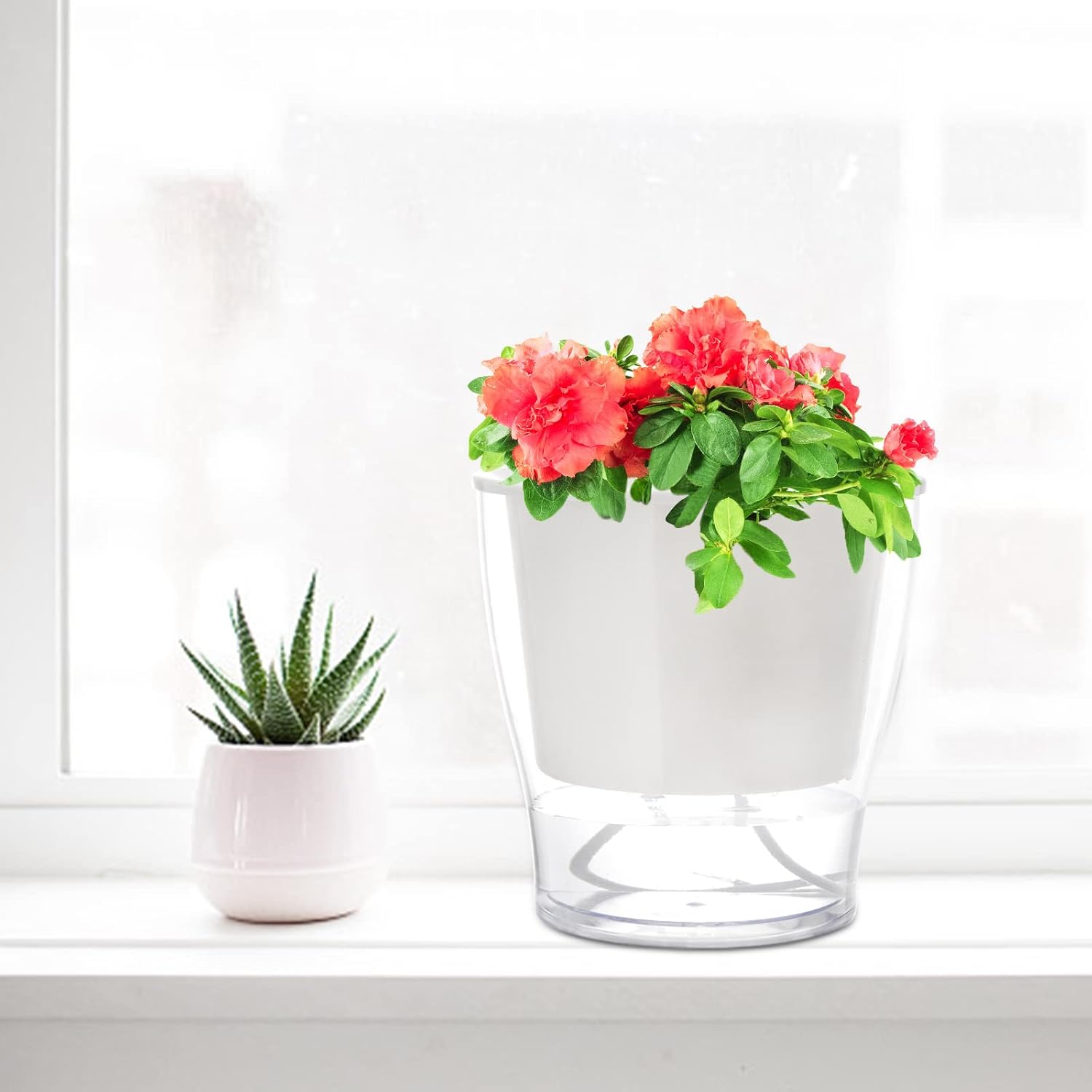 ZOOFOX 4 Pack Self Watering Pots for Indoor Plants, 7 Inch Large Clear Plastic Automatic-Watering Plant Pot, Modern
