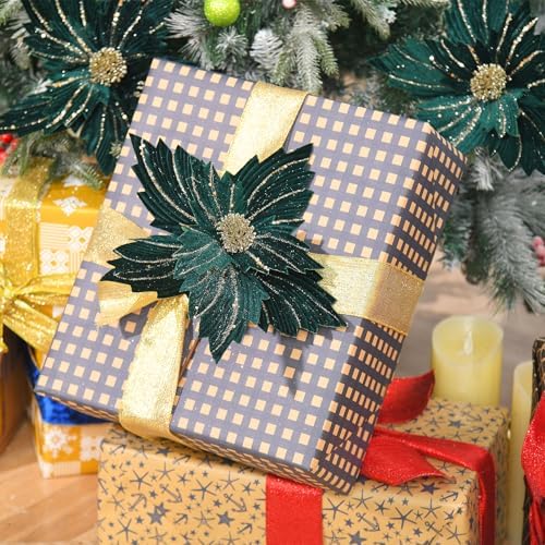 6 Pcs 12" Large Glitter Poinsettia Artificial Christmas Flowers with Stems Xmas Tree Wreath Ornaments New Year Home Wedding Party Decor (Dark Green)
