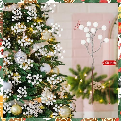 24PCS White Berry Stems 7.08in Christmas Tree Decor Faux Picks Glitter