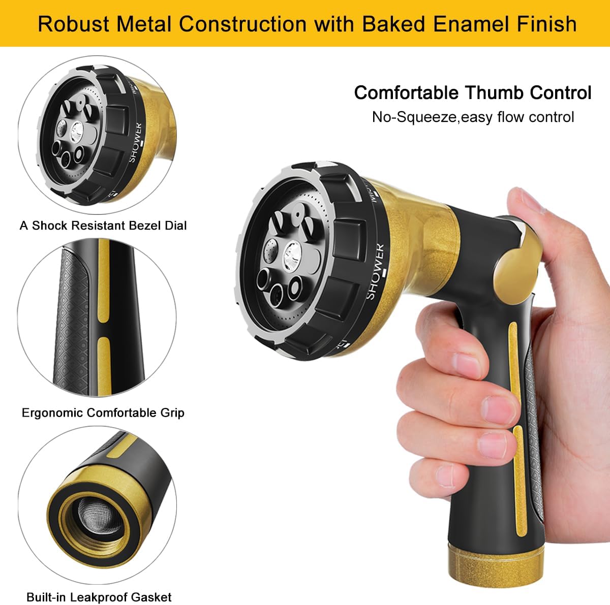 FANHAO Heavy Duty Garden Hose Nozzle, Metal Hose Sprayer Easy Thumb Control | 8 Spray Patterns, Rustproof Water Nozzle