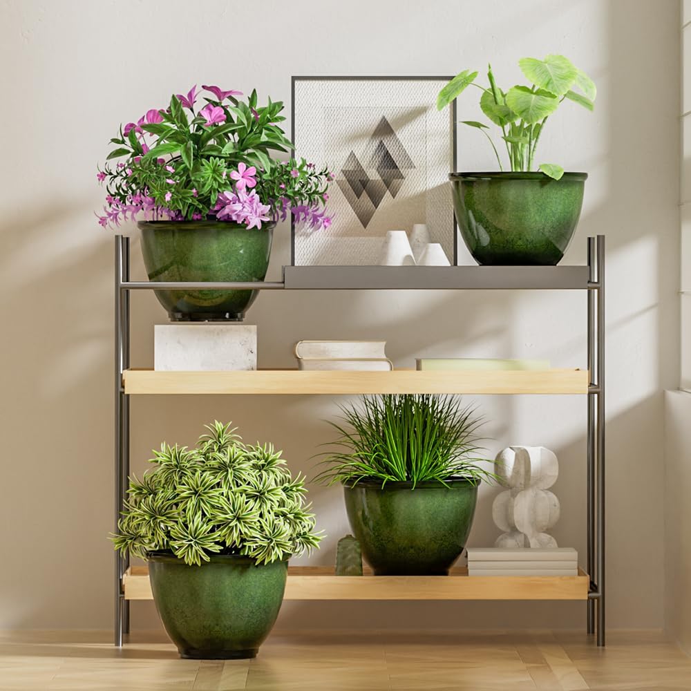 8Inch Plastic Plant Pots,4Pack Glazed Flower Pots for Indoor Outdoor Plants | Modern Decorative Ceramic Look Planters