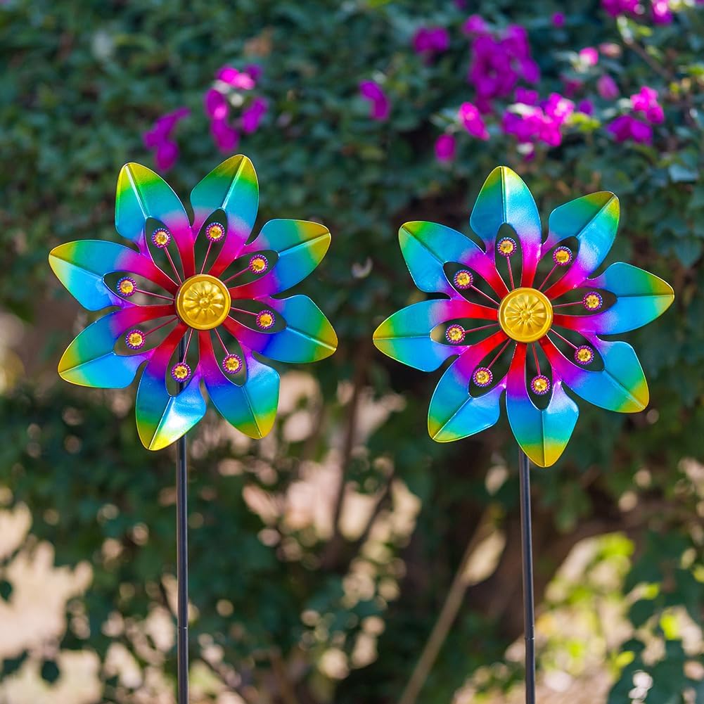 VEWOGARDEN 2 Pack Wind Spinners Outdoor, Metal Wind Spinner with Flower Design for Yard Garden Lawn Decorations