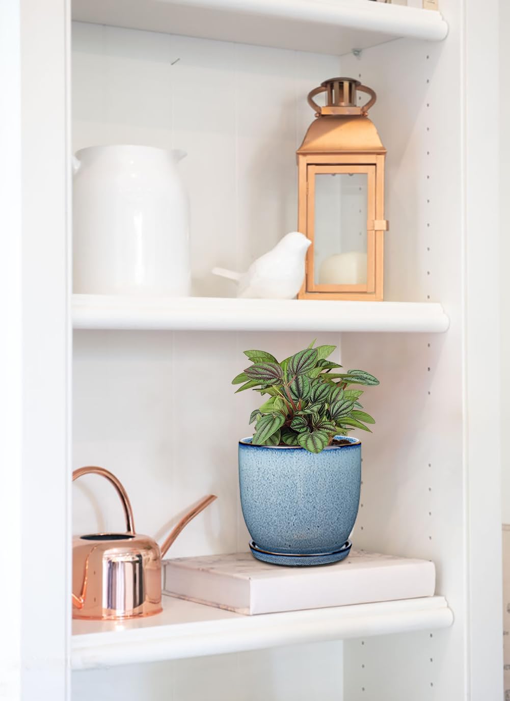 GnFlus Ceramic Plant Pots 6 Inch + 5 Inch Set of 2, Flower Plants Pot with Drainage Holes and Saucers Tray Blue Planter