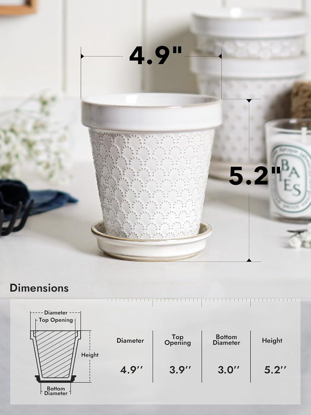 LE TAUCI Ceramic Plant Pots, 4.9 Inch Flower Pots with Drainage Hole & Saucer, Embossed Planter Pots for Indoor Plant