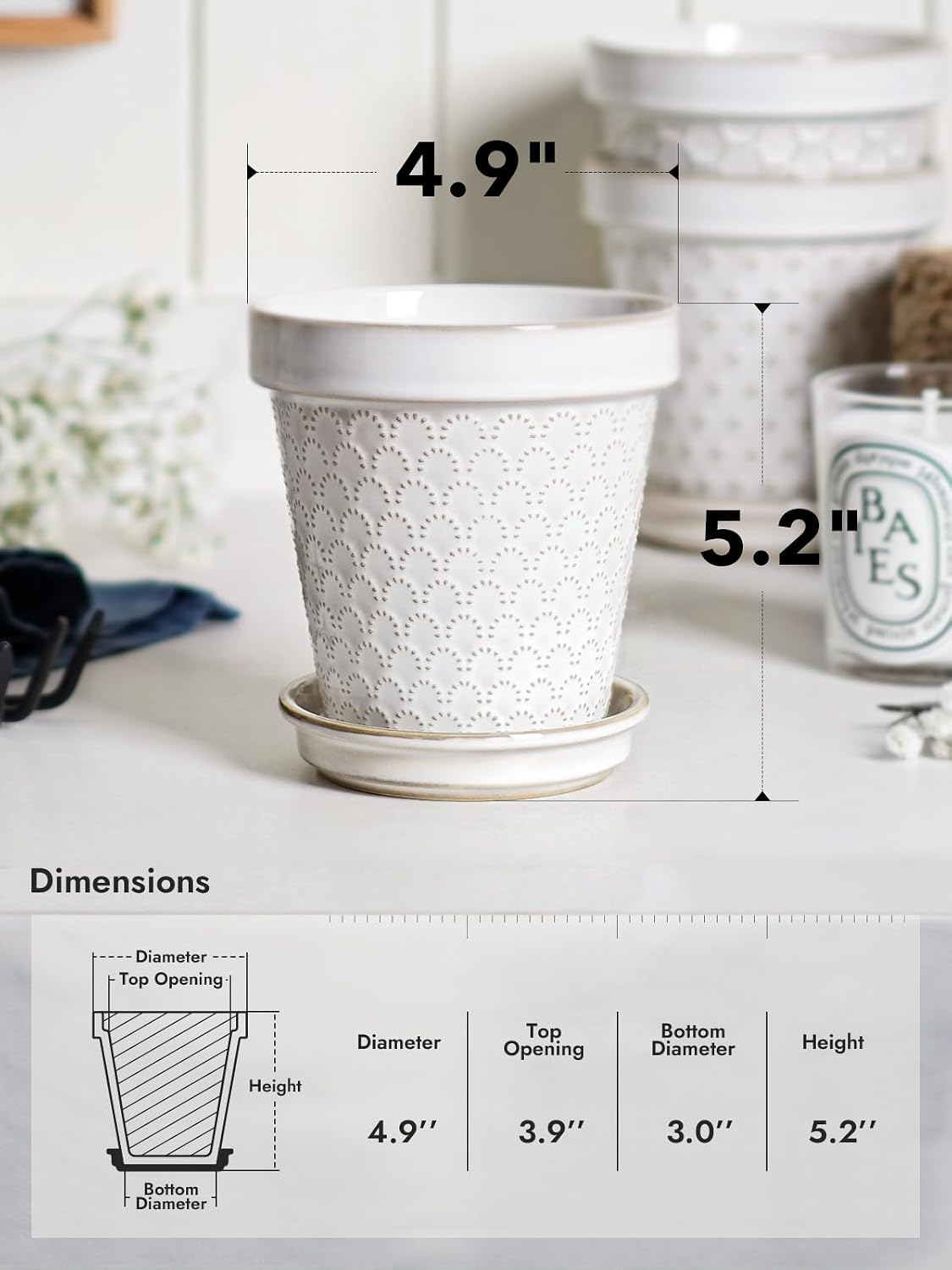 LE TAUCI Ceramic Plant Pots, 4.9 Inch Flower Pots with Drainage Hole & Saucer, Embossed Planter Pots for Indoor Plant