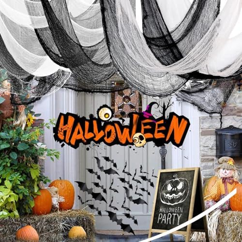 90Pcs Halloween Decorations White Black Creepy Gauze Spider Bats Set