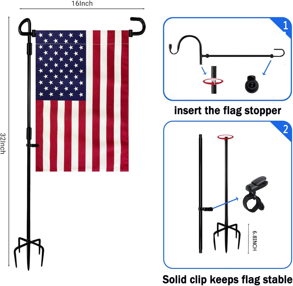 JRED Garden Flag Stand with American Garden Flags 12x18 Inch, Metal Yard Flag Holder Garden Flag Pole with Clips and