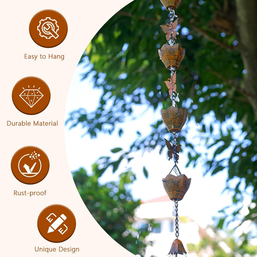 9.2ft Rain Chains for Outside Gutters, Eaves, Drainage | Copper Rain Chain, 12 Cup with Butterfly Decor, Adjustable