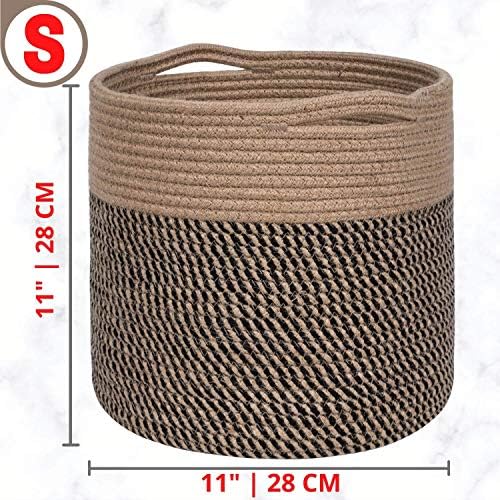 MINTWOOD Design 11 x 11 Inches Cotton Rope Basket for Flower Pot and Indoor Floor Planters, Decorative Round Woven Plant Pot Basket, Planter Covers, Small Dog Toy Storage Baskets, Black