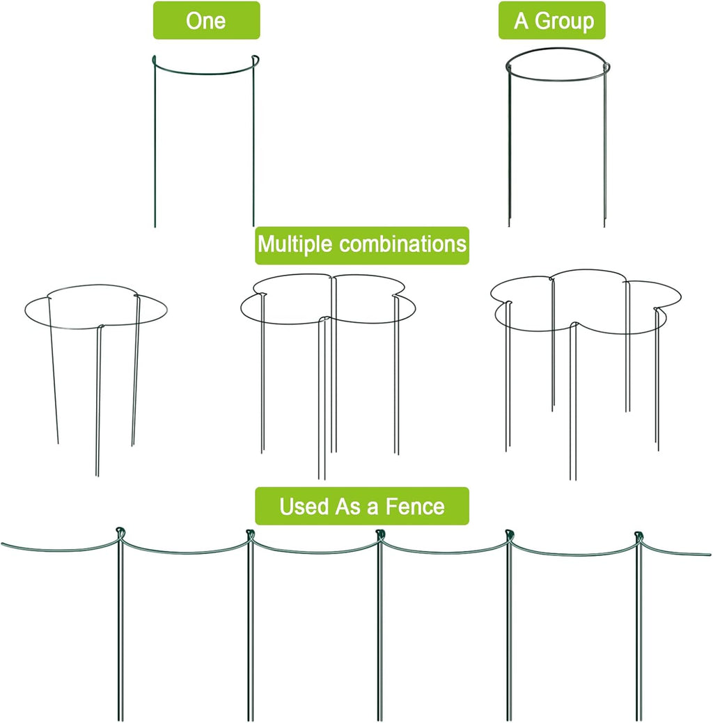 HiGift 6 Pack 24 Inch Plant Stakes, 10" Wide x 24" High Half Round Metal Peony Cages and Support, Green Garden Plant