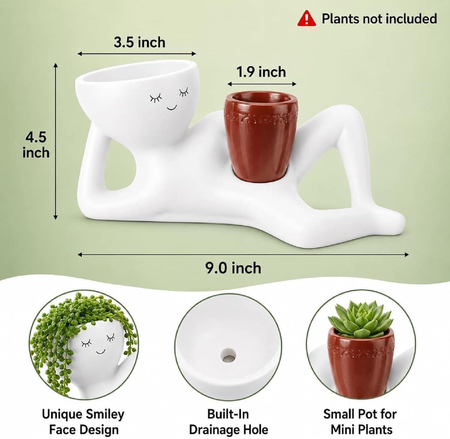 Goofy Garden Planter, Funny Lazy Guy Face Plant Pots with Drainage Hole, 9 Inch Large Resin Head Flower Pot, Cute