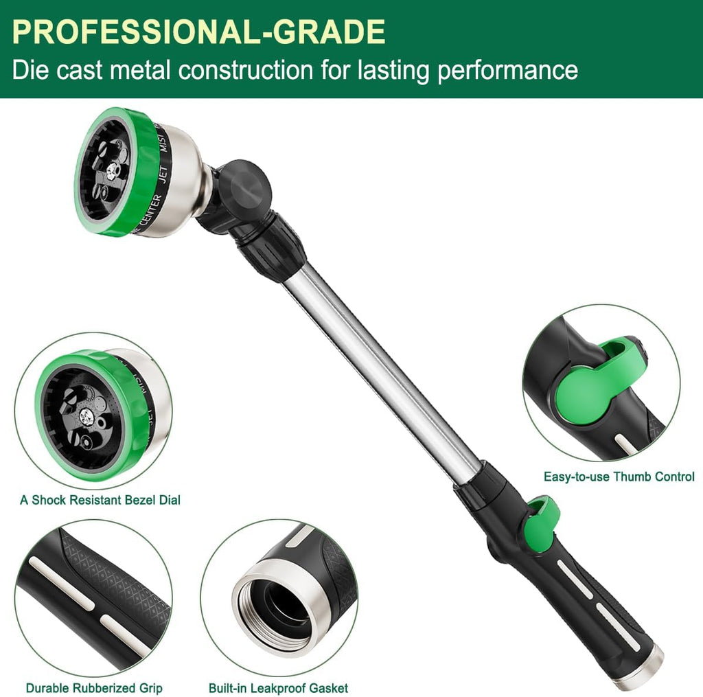 FANHAO Metal Garden Hose Wand, 16-Inch Heavy Duty Watering Wand with 9 Spray Patterns, 180° Rotating Long Garden Hose