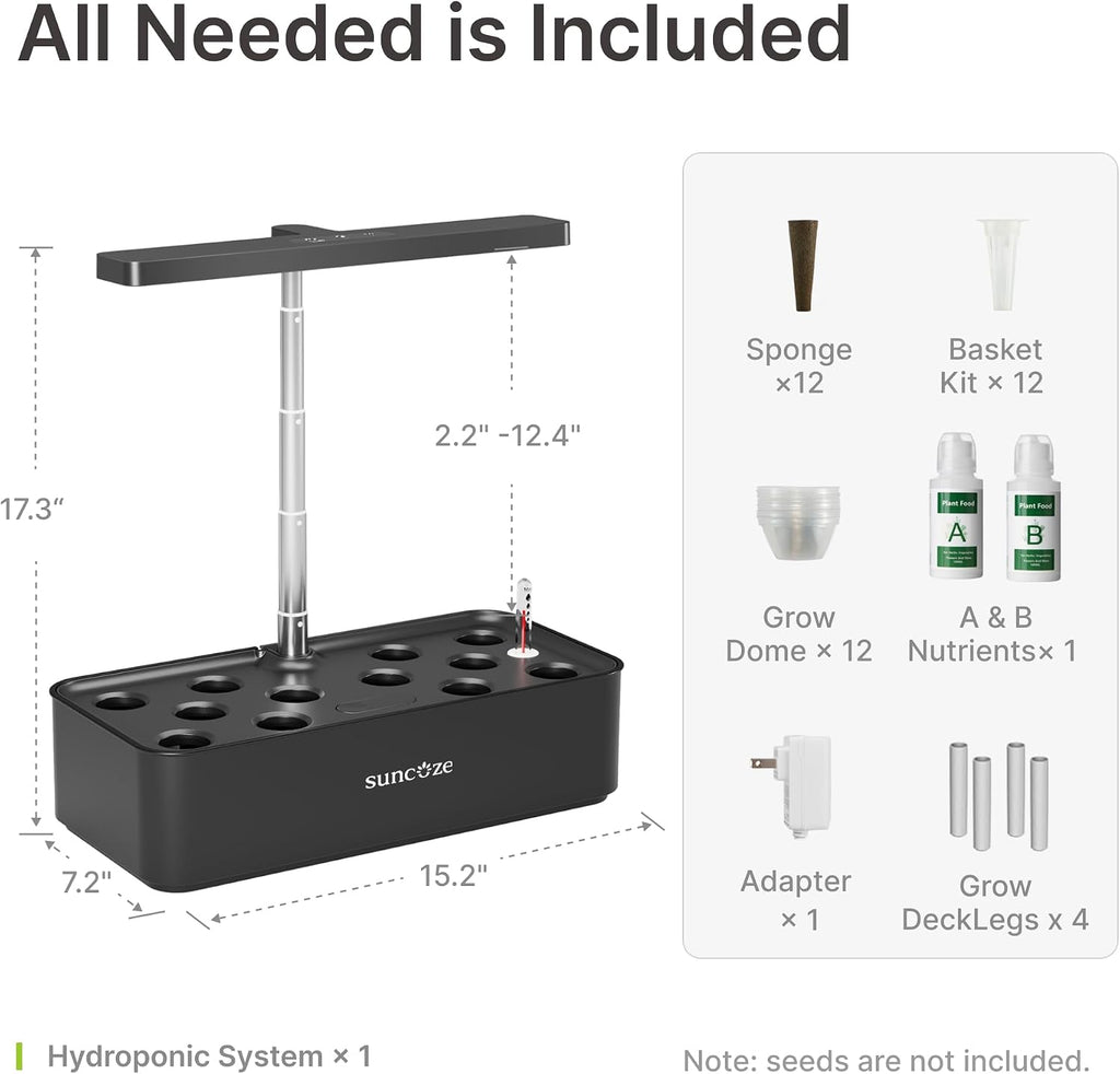 Hydroponics Growing System, Compact 12 Pods Indoor Garden, Black | 24W LED Dimmable Grow Light, 4L Water Tank with