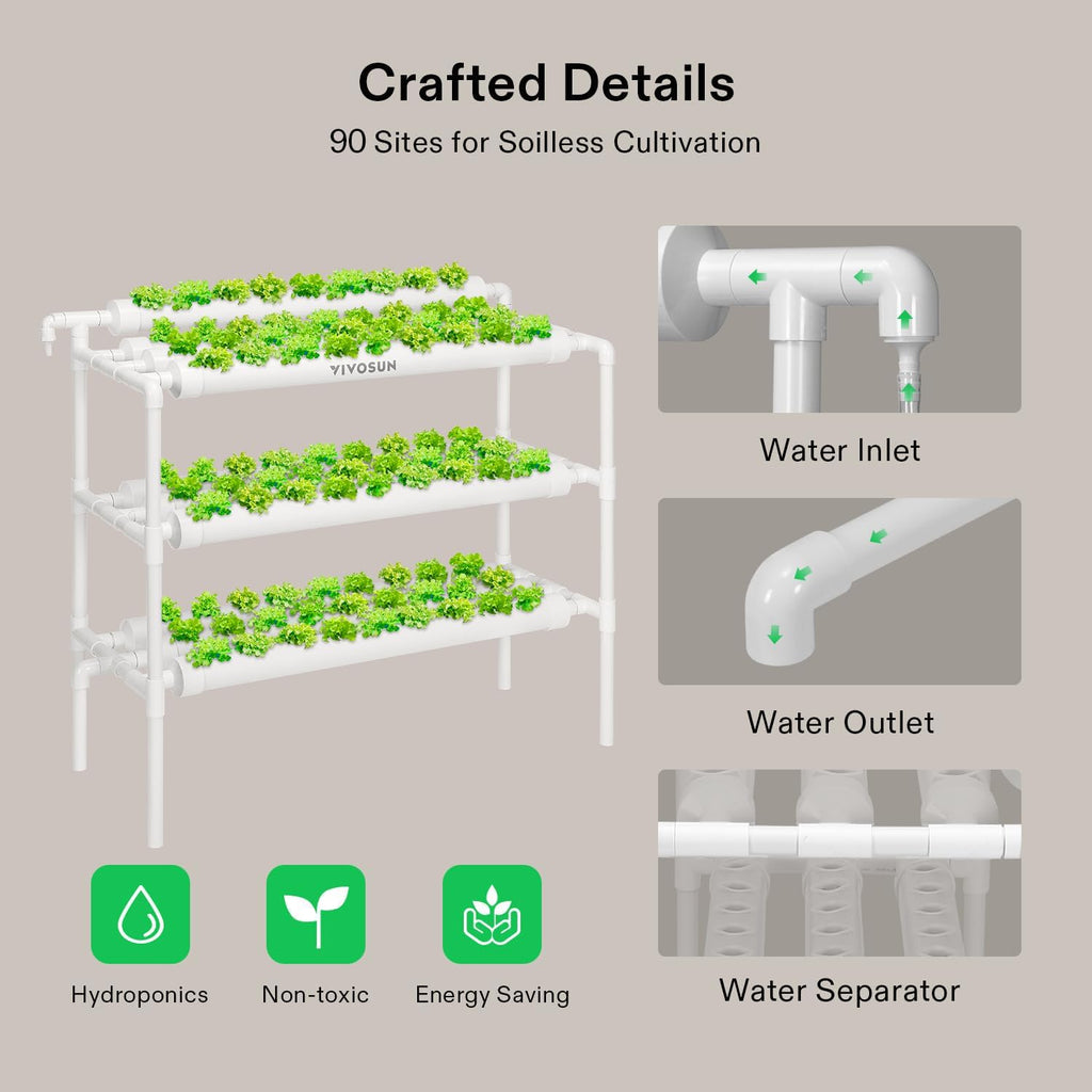 VIVOSUN Hydroponics Growing System 90 Plant Sites, 3 Layers 10 Food-Grade PVC-U Pipes Hydroponic Gardening System Grow