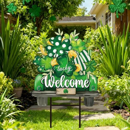 JarThenaAMCS St. Patrick' s Day Metal Garden Stake Welcome Yard Sign Green Shamrock Clover Truck Decorative Lawn Sign for Irish Holiday Home Outside Lawn Porch Walkway Pathway