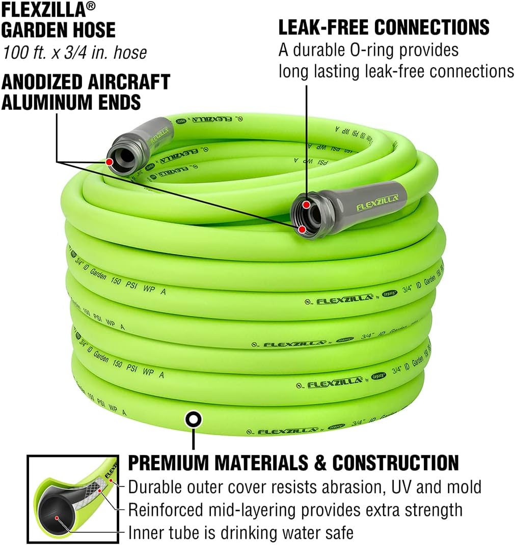 Flexzilla Garden Hose 3/4 in. x 100 ft., Lightweight All-Weather Water Hose, Durable and Flexible, Leak-Free Connections