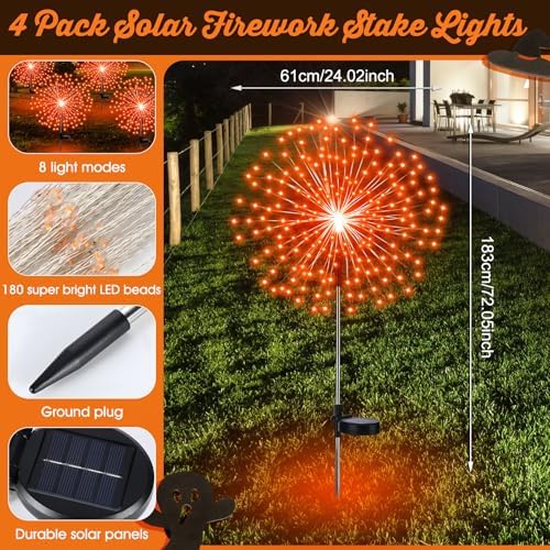 Tujoe 4 Pack Halloween Solar Decoration Outdoor Firework Lights, Orange