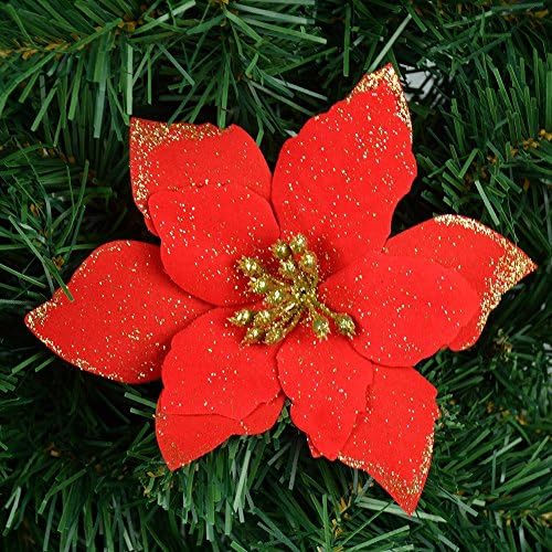 Gardeningwill 12Pcs 5 Inch Glitter Artificial Poinsettia Flowers with Ties for Wedding Christmas Festival Holiday Decor Xmas Wreath Garland Ornament Red