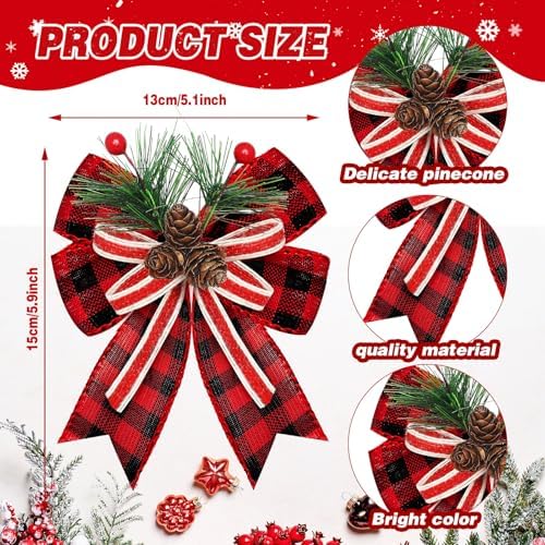 Moucuny 6 Pcs Christmas Burlap Bows Black White Red Plaid 5 x 6 Inch