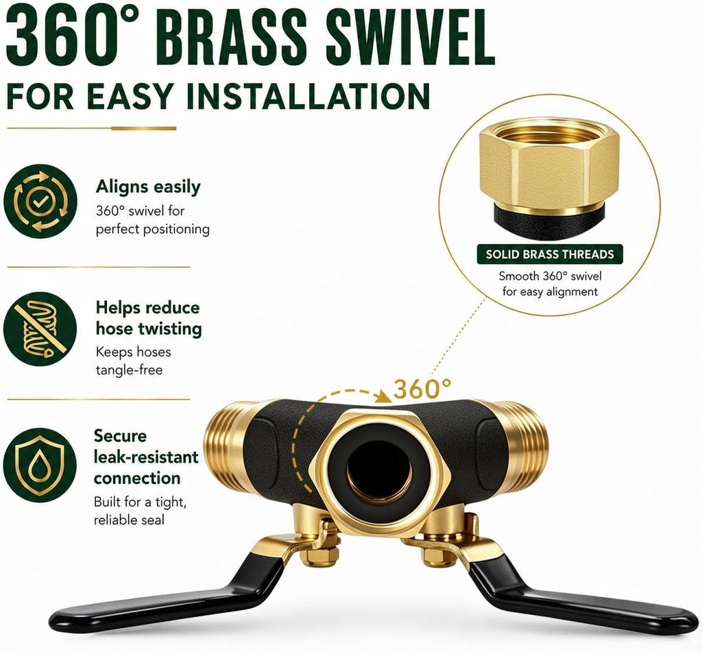 Garden Hose Splitter 2 Way, All Metal Heavy Duty Water Hose Splitter | with 360° Brass Swivel, Large Easy-Turn Handles
