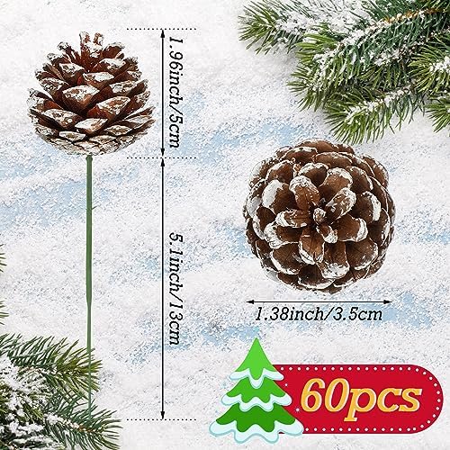 60 Pcs Pine Cones for Christmas Tree 1.38 x 5.1 Inch Frosted Snow Pine Cones Ornaments with Wired Pick for Crafts Holiday Wreath Garland Party Decorations