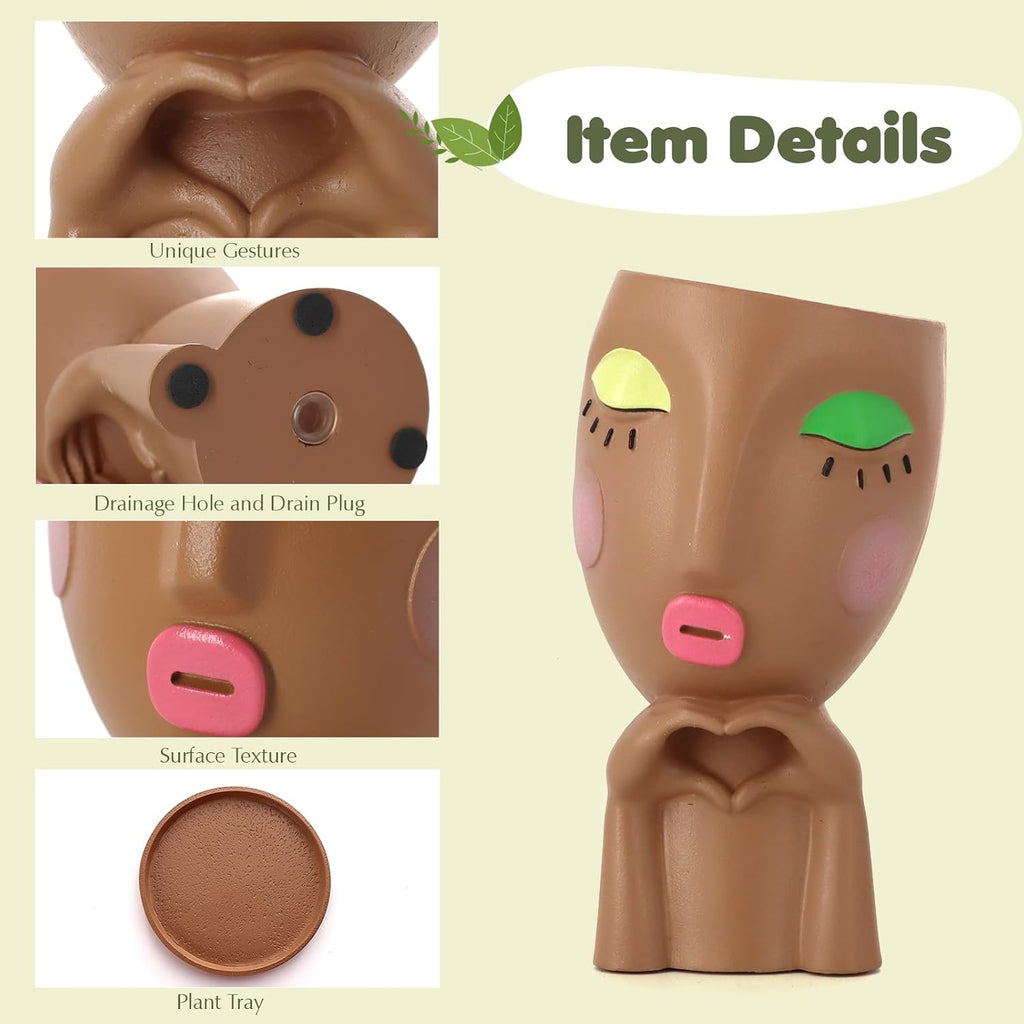 Cute Face Planter Head Pot for Indoor Plants, Unique Succulent Planter with Drainage, Decorative Resin Flower Pot for