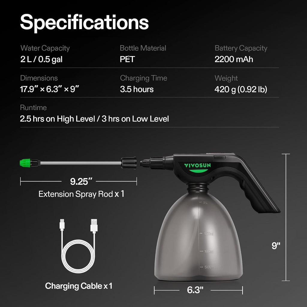 VIVOSUN 70oz Battery Powered Sprayer, Electric Spray Bottle | USB Rechargeable, Automatic Water Pump Plant Mister with