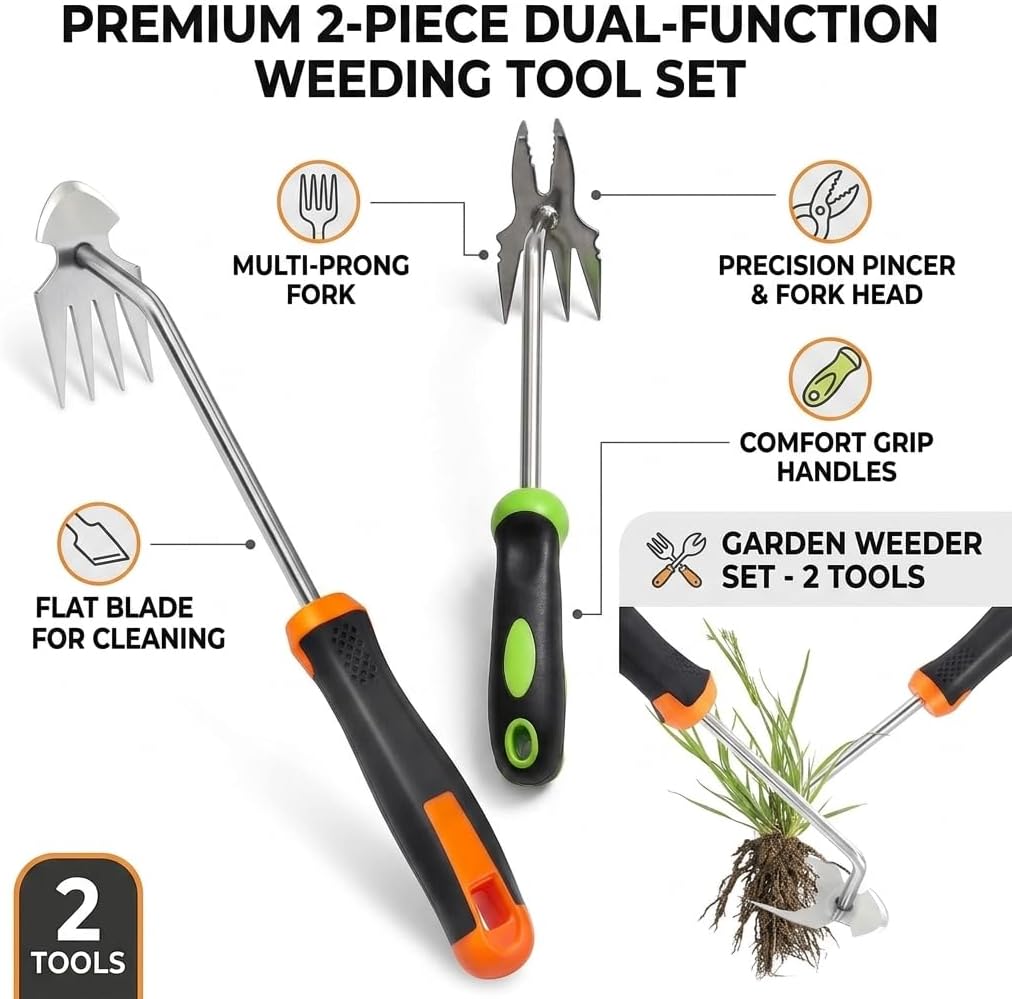 Weed Puller Tool Set - 2-Piece Hand Weeding Kit with Stainless Steel Weeder & Manganese Steel Cultivator, Precision and