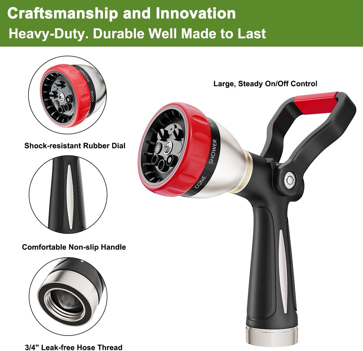 FANHAO Fireman Style Garden Hose Nozzle Heavy Duty Metal, 8 Spray Patterns | Large Lever Control, Non-Slip Ergonomic