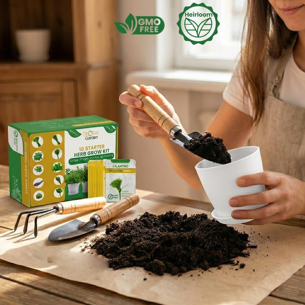 47 PCS Herb Garden Seeds Starter Kit, 10 Non-GMO Culinary Herb Seeds with White Pots & Planters for Windowsill, Herb