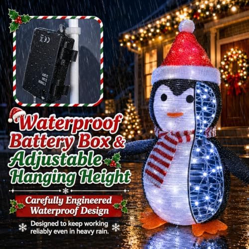Lighted Christmas Penguin Decor, 45 LEDs, 2 Light Modes, 2 Scarves