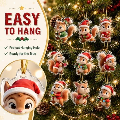 9pcs Christmas Hanging Ornaments Cartoon Craft Supplies Cute Squirrel Designs 2D Acrylic Christmas Hanging Decorations Mini Animal Holiday Hanging Ornaments for Party Accessories