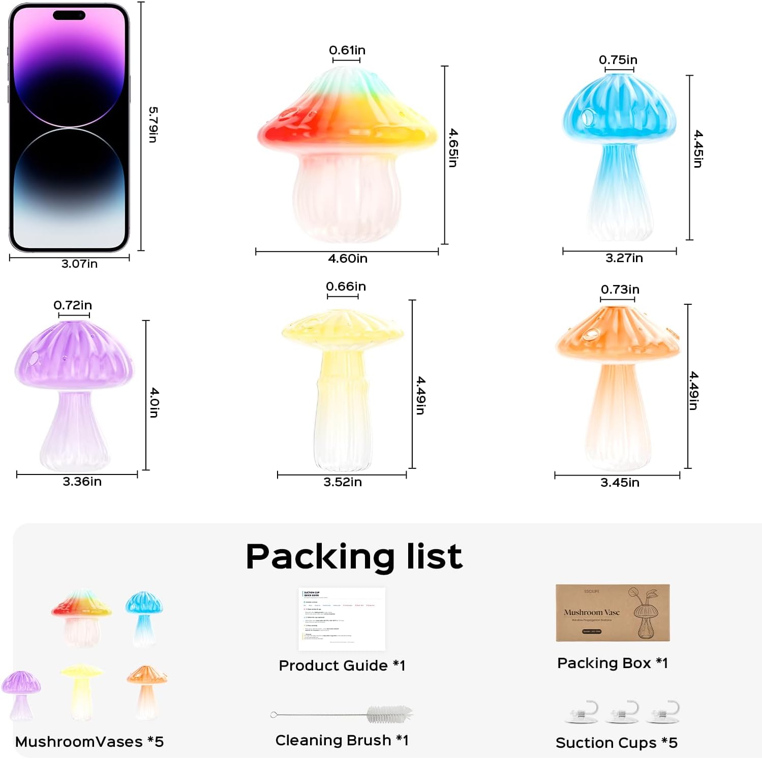 5Pcs Mushroom Propagation, Borosilicate Glass Vases, 6kg Suction Cups | Handcrafted 2.6mm thick glass|5 unique colors