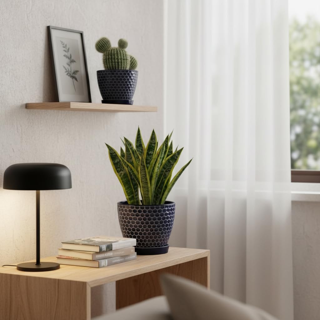 Docrin Blue Honeycomb Ceramic Plant Pot Set - 6.6"+5.5" Inch, Modern Decorative Planters with Drainage Holes & Saucers