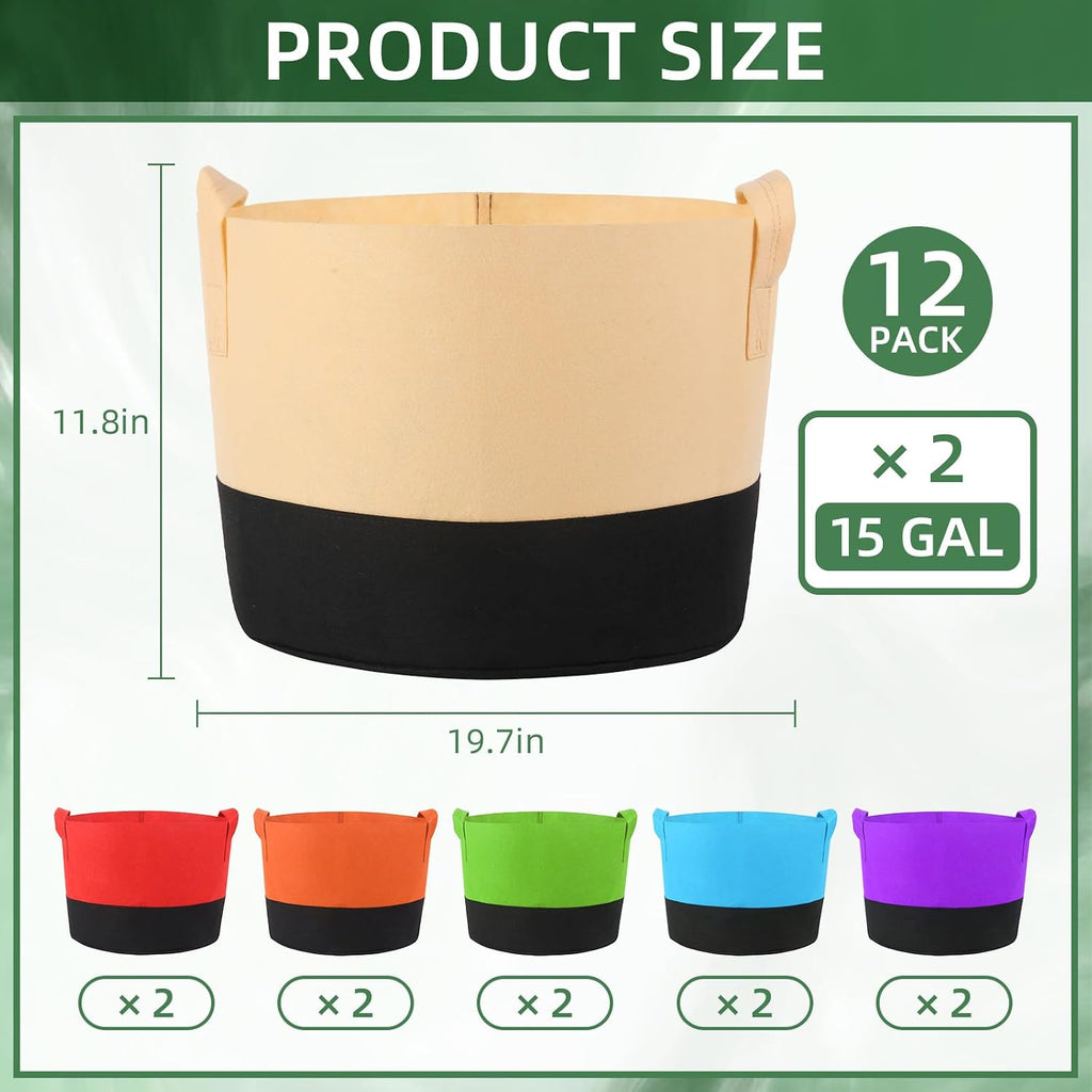 12 Pack 15 Gallon Grow Bags Colorful Fabric Plant Pots with Handles 15 Gal Garden Grow Bags Fabric Grow Pots Plant