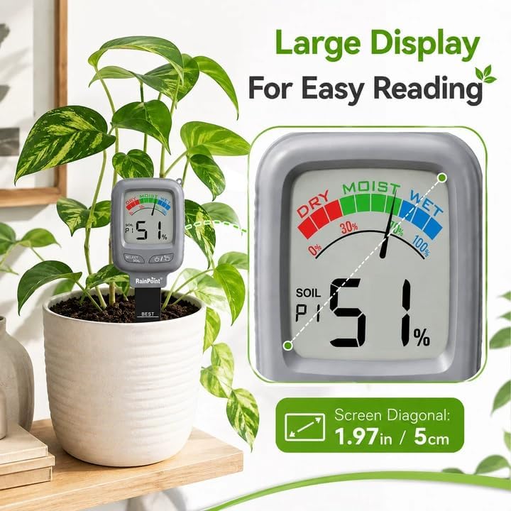 RAINPOINT Large Display Digital Soil Moisture Meter for Houseplants Indoor