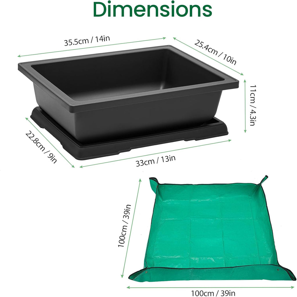 GROWNEER Large Bonsai Training Pots 3 Packs 14 Inch with Drainage Humidity Trays & Repotting Mat, Bonsai Tree Pot
