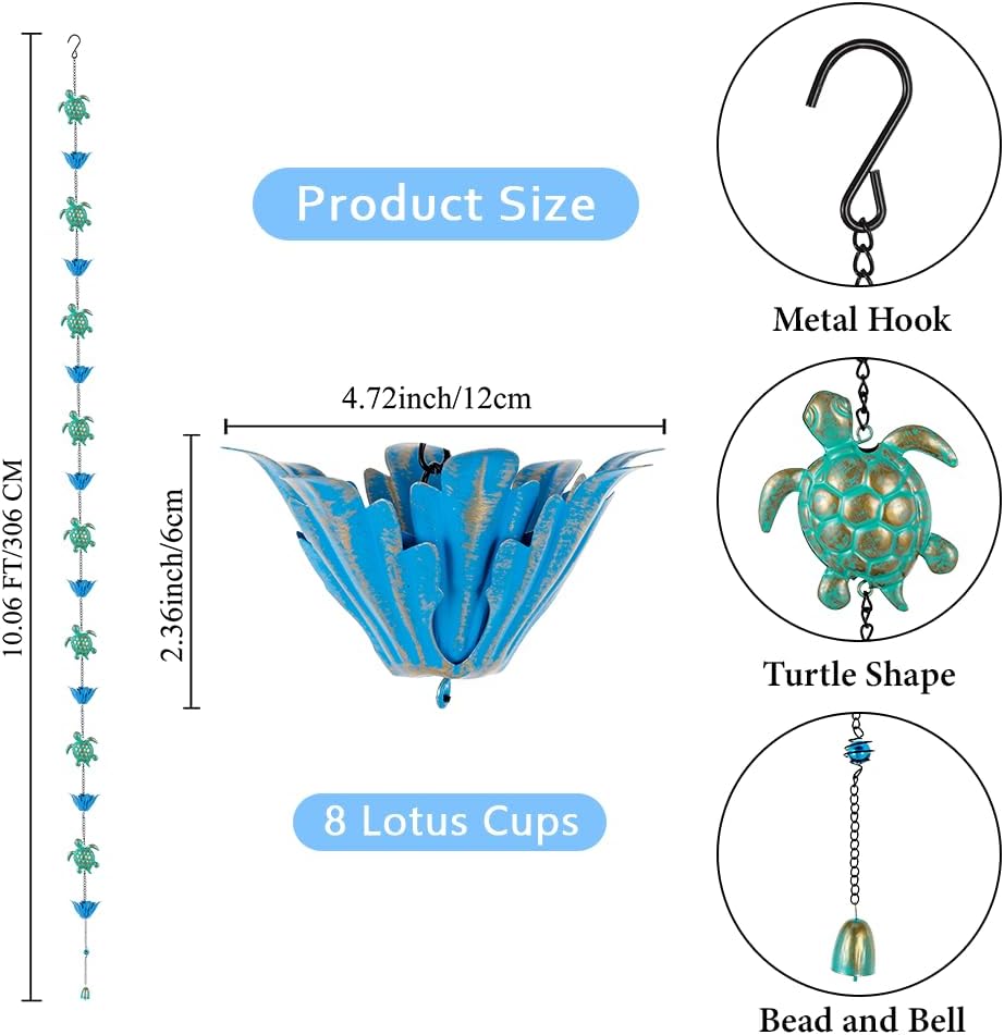 10ft Rain Chain with 16 Cups for Outside Gutters, Eaves, Drainage | Turtle & Lotus Shape, Metal Rain Chain, Adjustable
