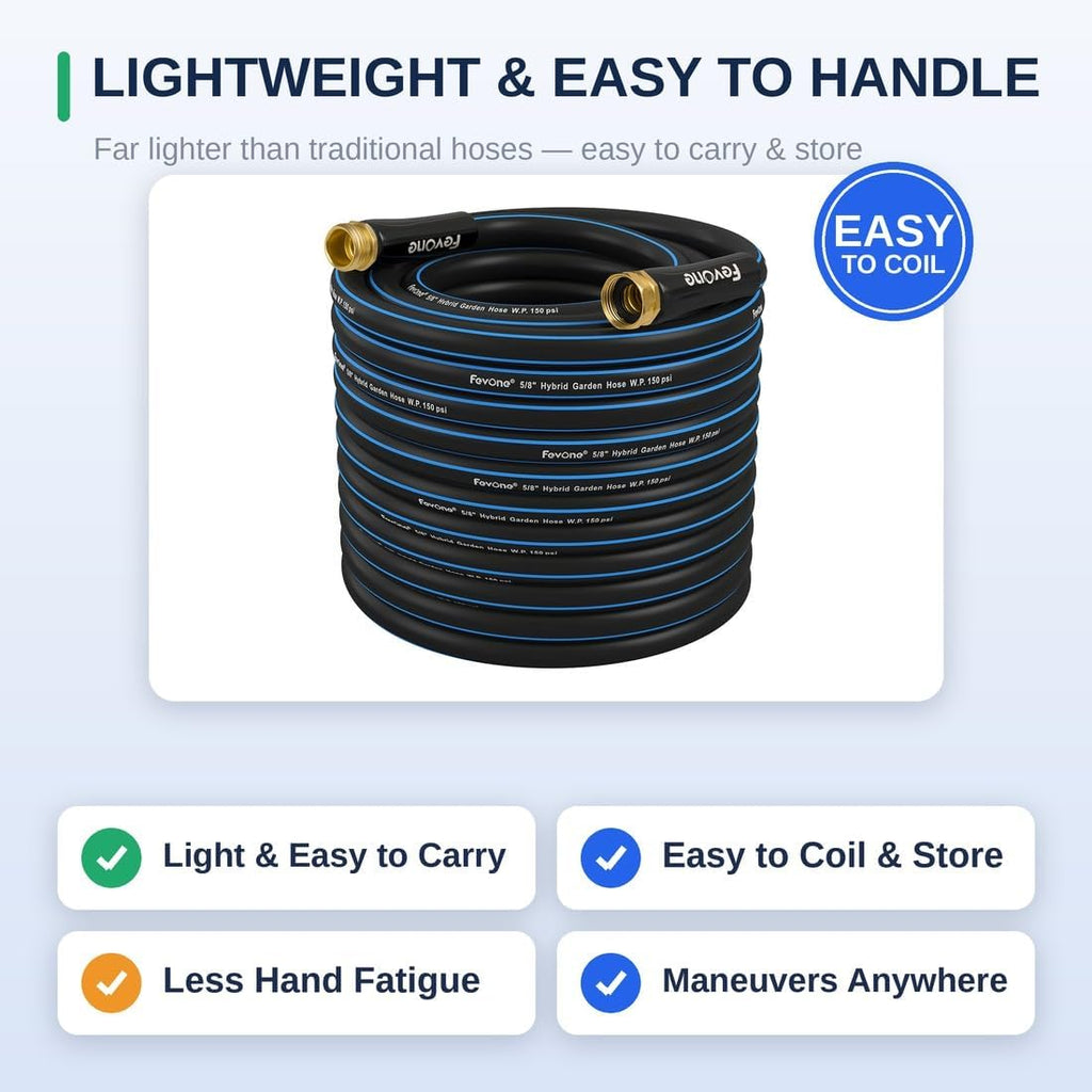 Kink Free Garden hose 100 ft, Heavy Duty Water Hose | Flexible Lightweight Hybrid Polymer, 5/8 ID, 600 PSI, Leak-Free