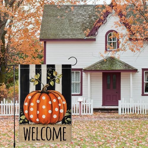 Welcome Fall Garden Flag Polka Dots Pumpkin Thanksgiving Garden Flags For Outside Burlap Decor, Double Sided Vertical Autumn Decor Patio Lawn Yard Outdoor Decoration 12x18 Inch