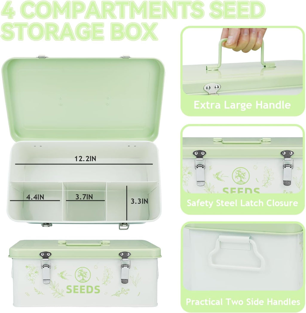 Seed Storage Box, Seed Storage Organizer with Garden String, 30 Seed Envelopes and Bamboo Plant Labels, 4 Compartments
