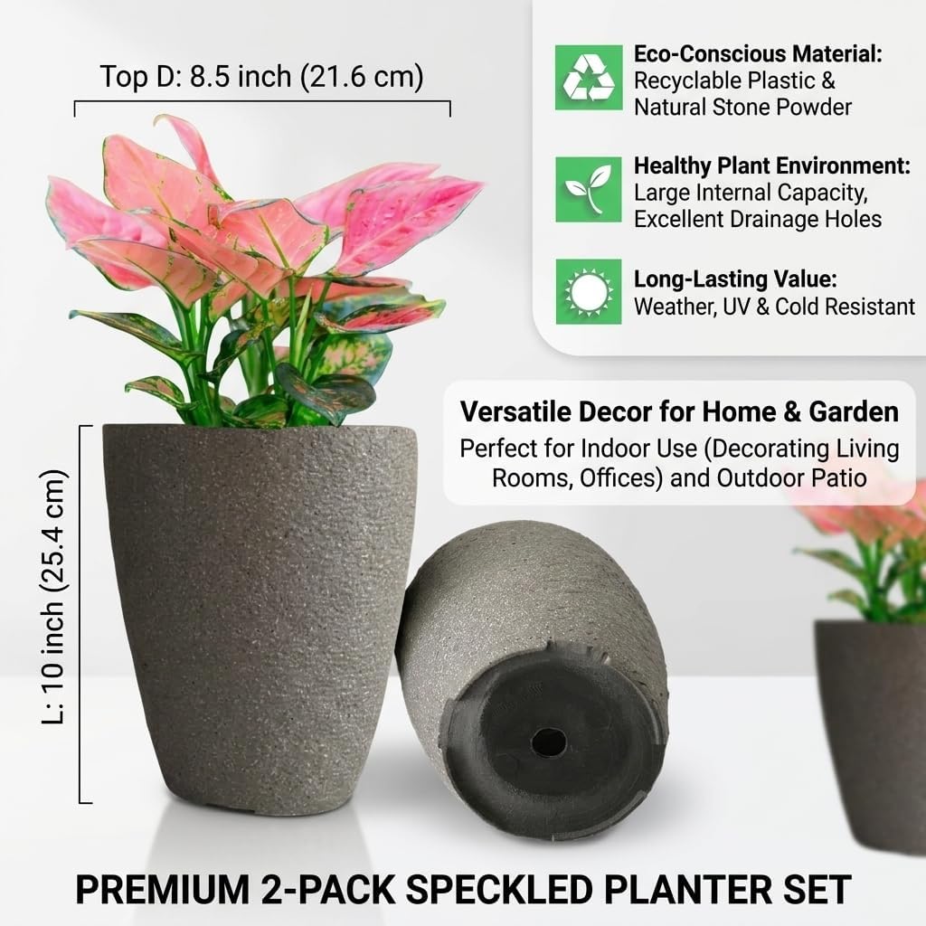 10 inch Garden Planter Lightweight Indoor Outdoor Pots with Drainage Hole for Potted Plants Flowers Greenery, Set of 2