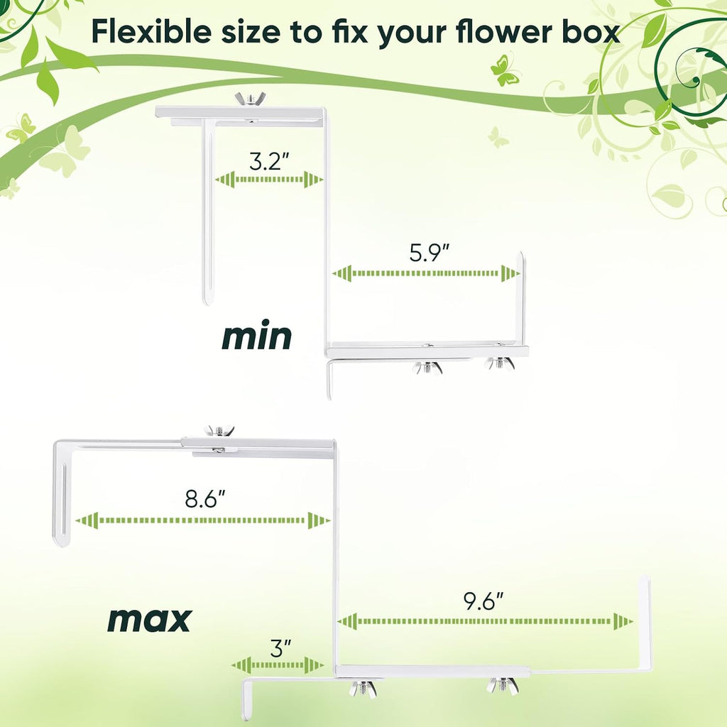 Adjustable Planter Box Bracket, Flower Box Holder Brackets for Deck Railing | White Window Box Hanging Brackets for