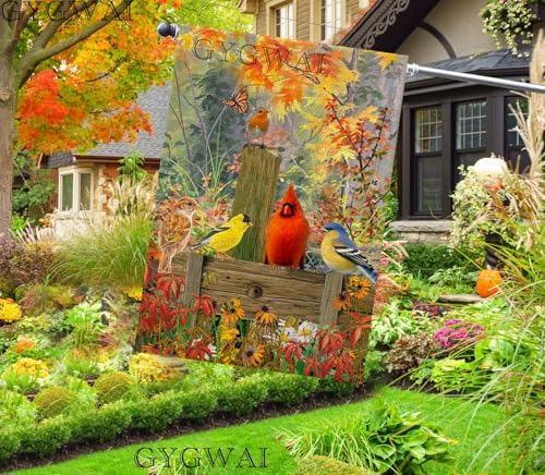 Fall Cardinal Maple Leaves House Flag 28x40 Inch Double Sided, Autumn Large Burlap Yard Flag for Outside Seasonal Thanksgiving Decoration