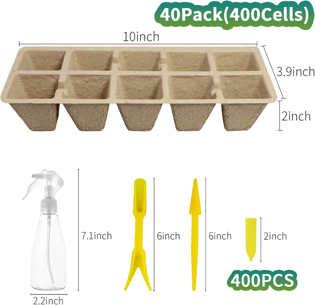 400Cells Seedling Start Trays with Drain Holes,40pcs Peat Pots Seedling Pots Biodegradable,Seedling Starter Kit,Organic