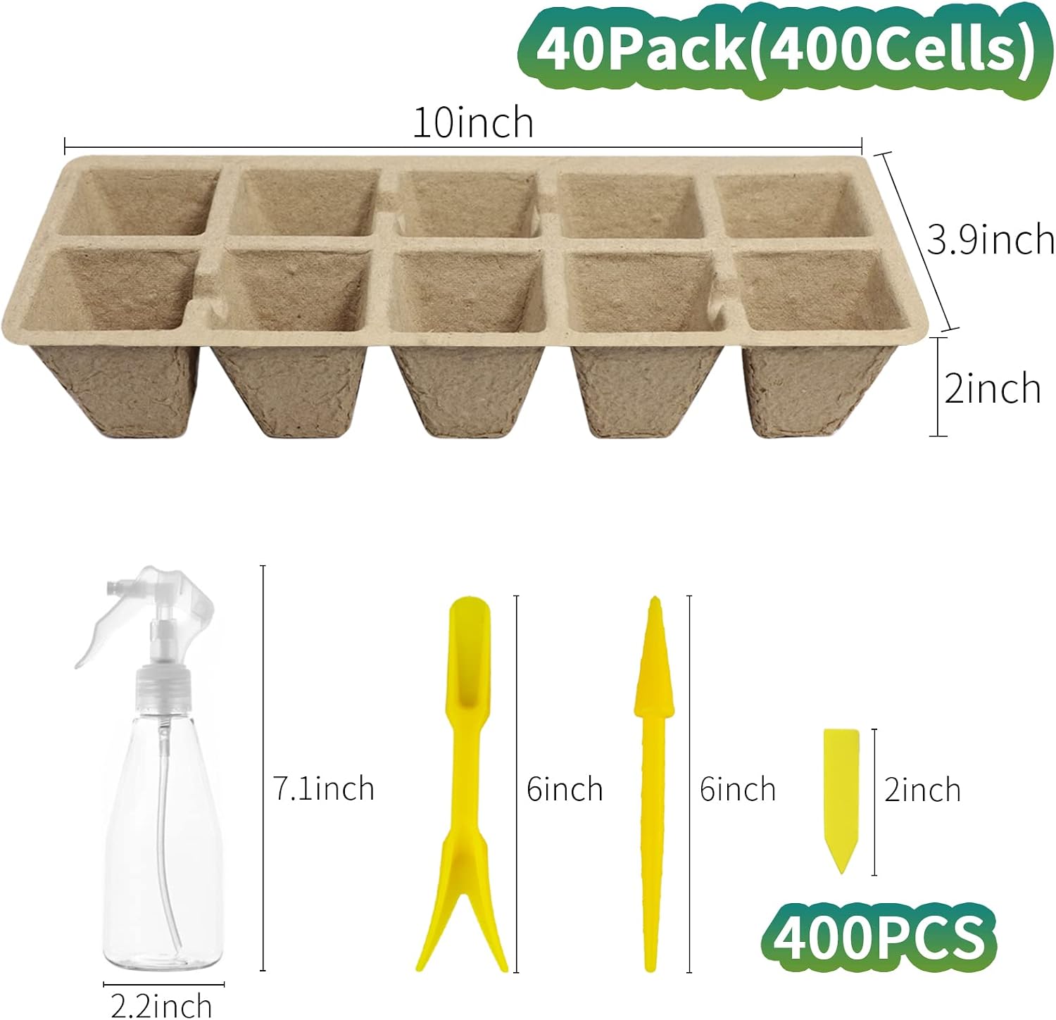 400Cells Seedling Start Trays with Drain Holes,40pcs Peat Pots Seedling Pots Biodegradable,Seedling Starter Kit,Organic