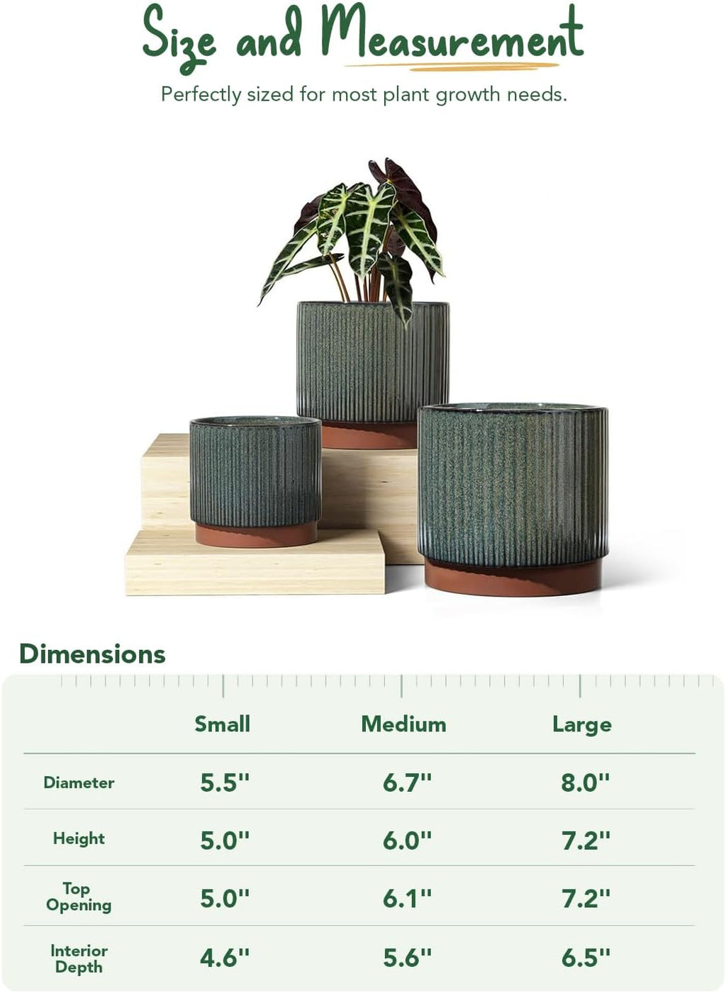 LE TAUCI Ceramic Plant Pots with Drainage Holes, Set of 3, 8+6.7+5.5 Inch Stripe Garden Planter Pots for Outdoor Indoor